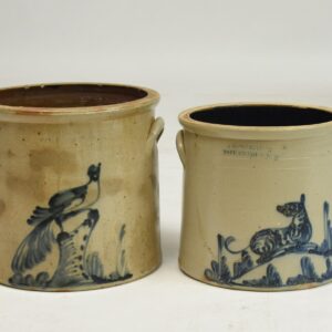 Two stoneware crocks, bird on stump, dog, Poughkeepsie NY by Caire