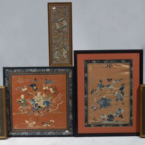 Five Chinese silk needlework panels