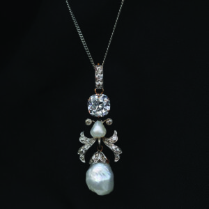 Edwardian diamond and natural pearl pendant, $12,500