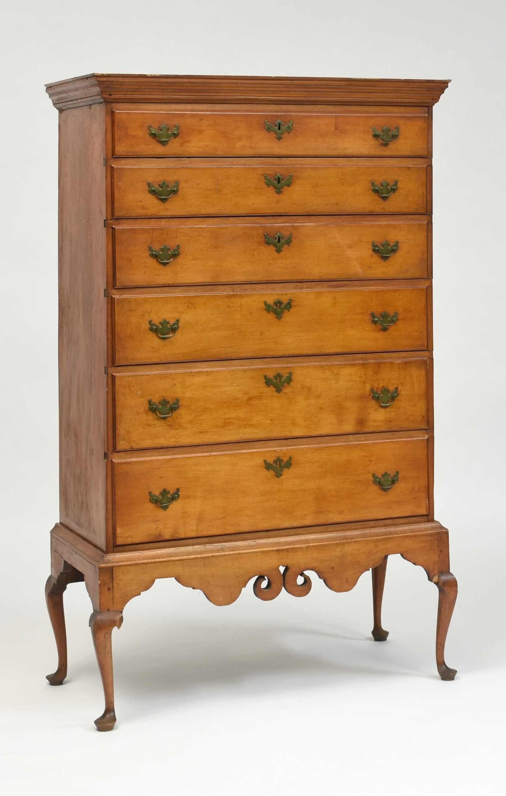 18th C. NH Queen Anne maple tall chest on frame