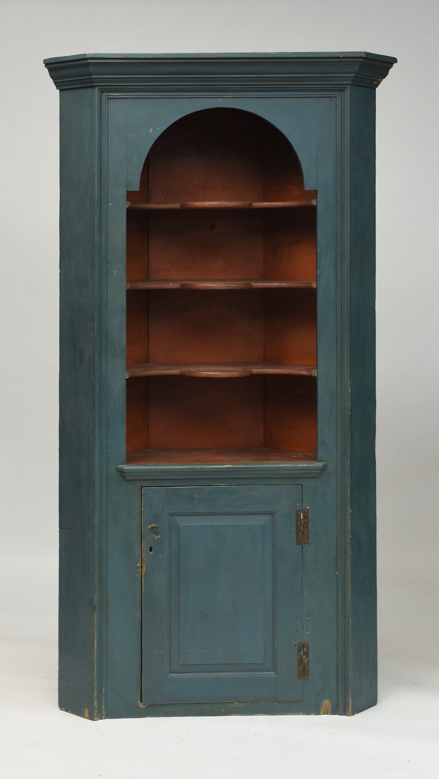 18th C. blue painted corner cupboard