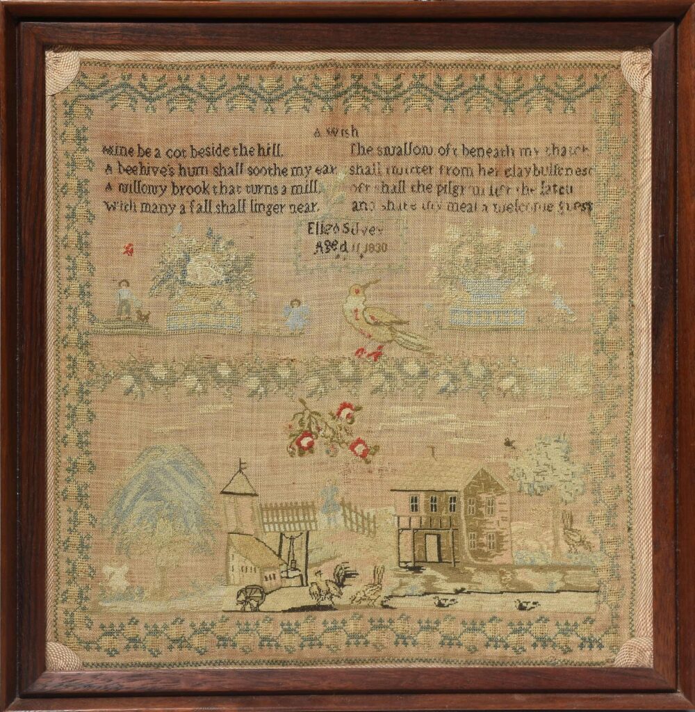 19th C. pictorial needlework sampler by Eliza Silver Antique