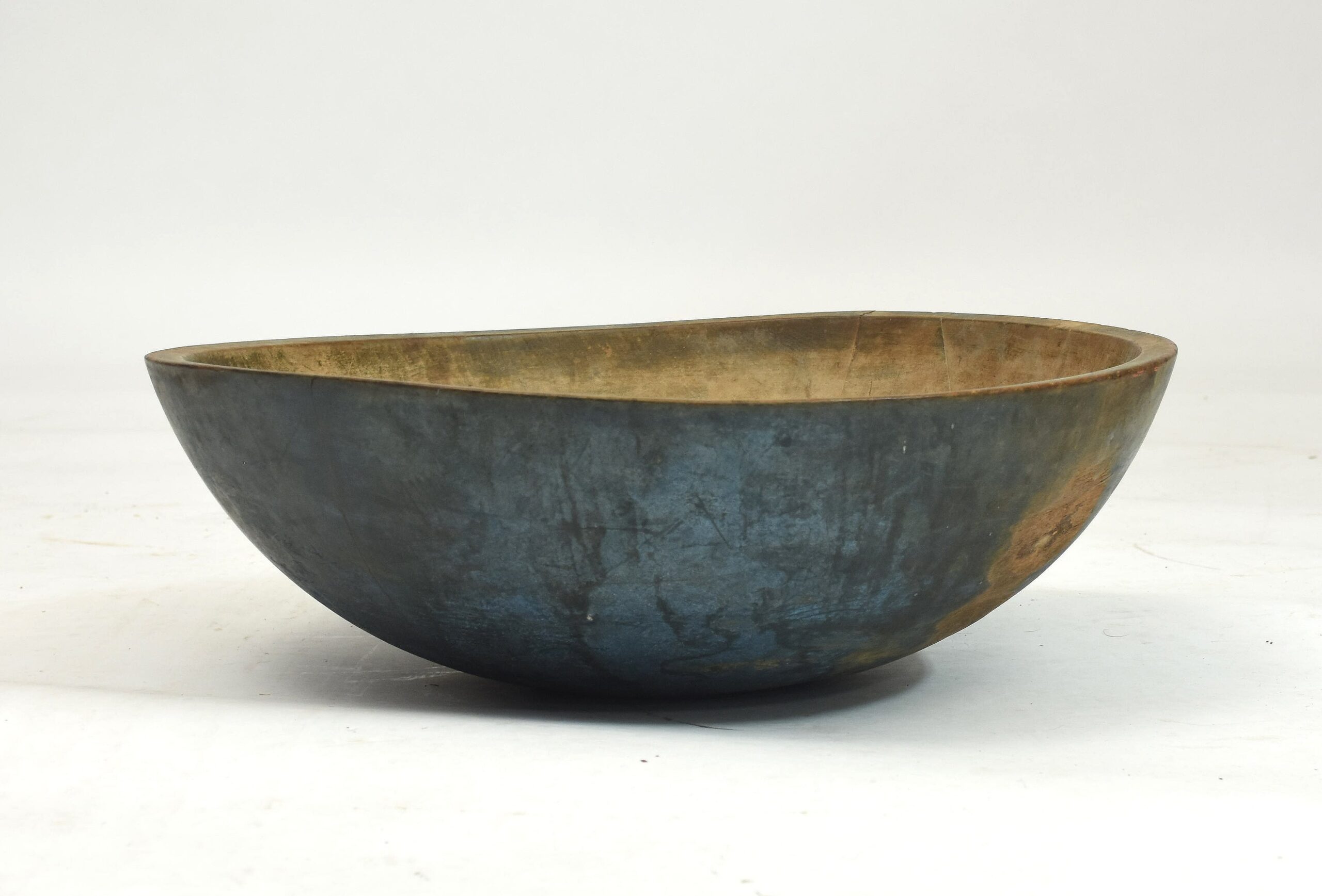 Exceptional 18th/19th C. large round chopping bowl in old blue paint