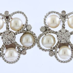 Fine pair of 18k white gold diamond and pearl earrings