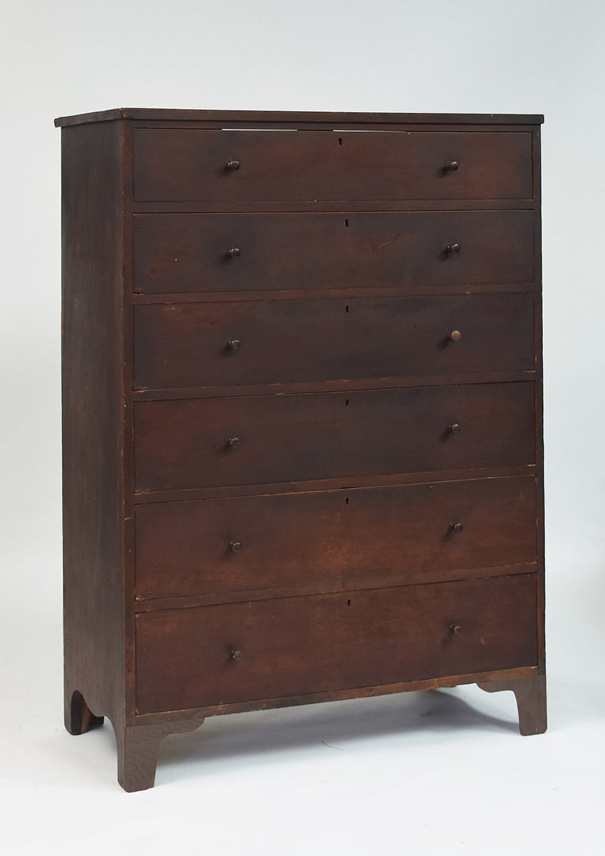 Impressive 19th C. Shaker six-drawer cherry chest on bracket base