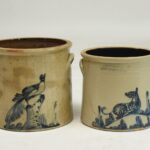 Two stoneware crocks, bird on stump, dog, Poughkeepsie NY by Caire