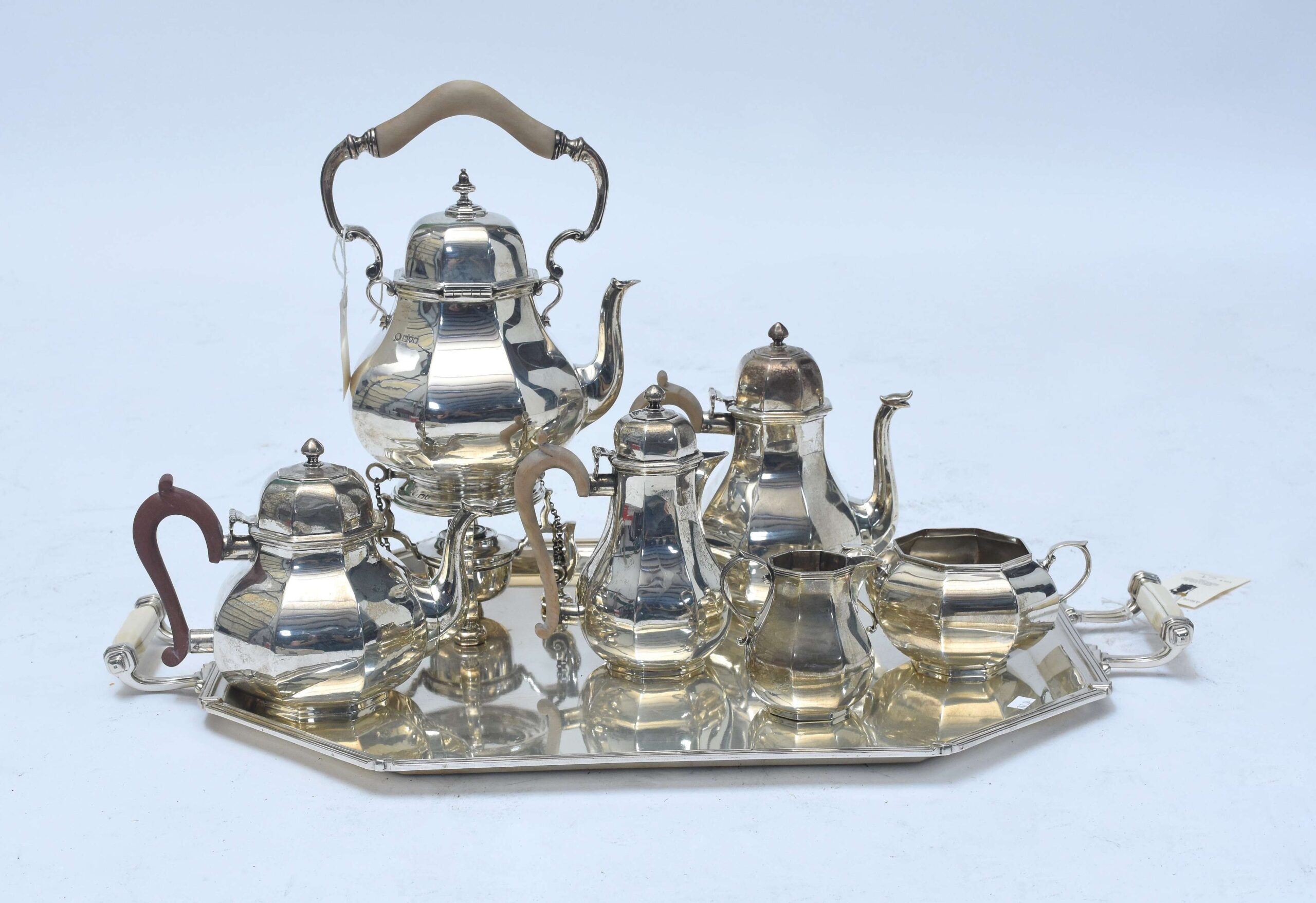English sterling six piece coffee and tea set with sterling tray