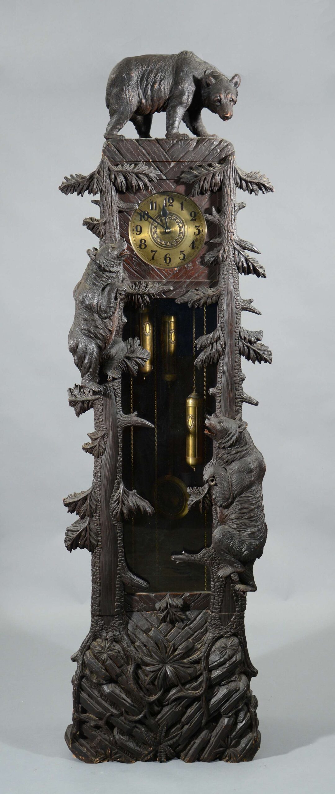 Exceptional 19th C. Black Forest tall clock with carved bears