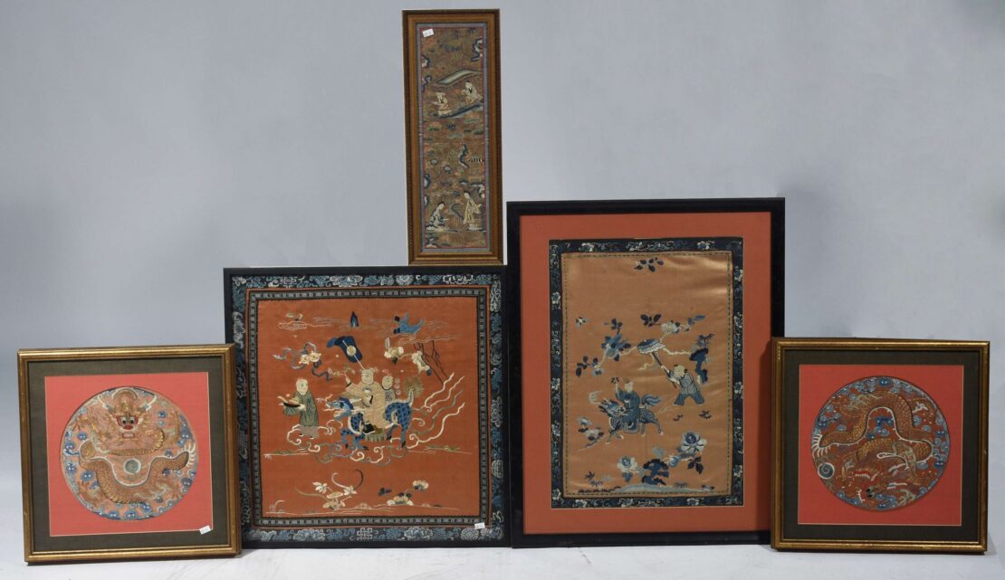 Five Chinese silk needlework panels Antique Appraisers Auctioneers