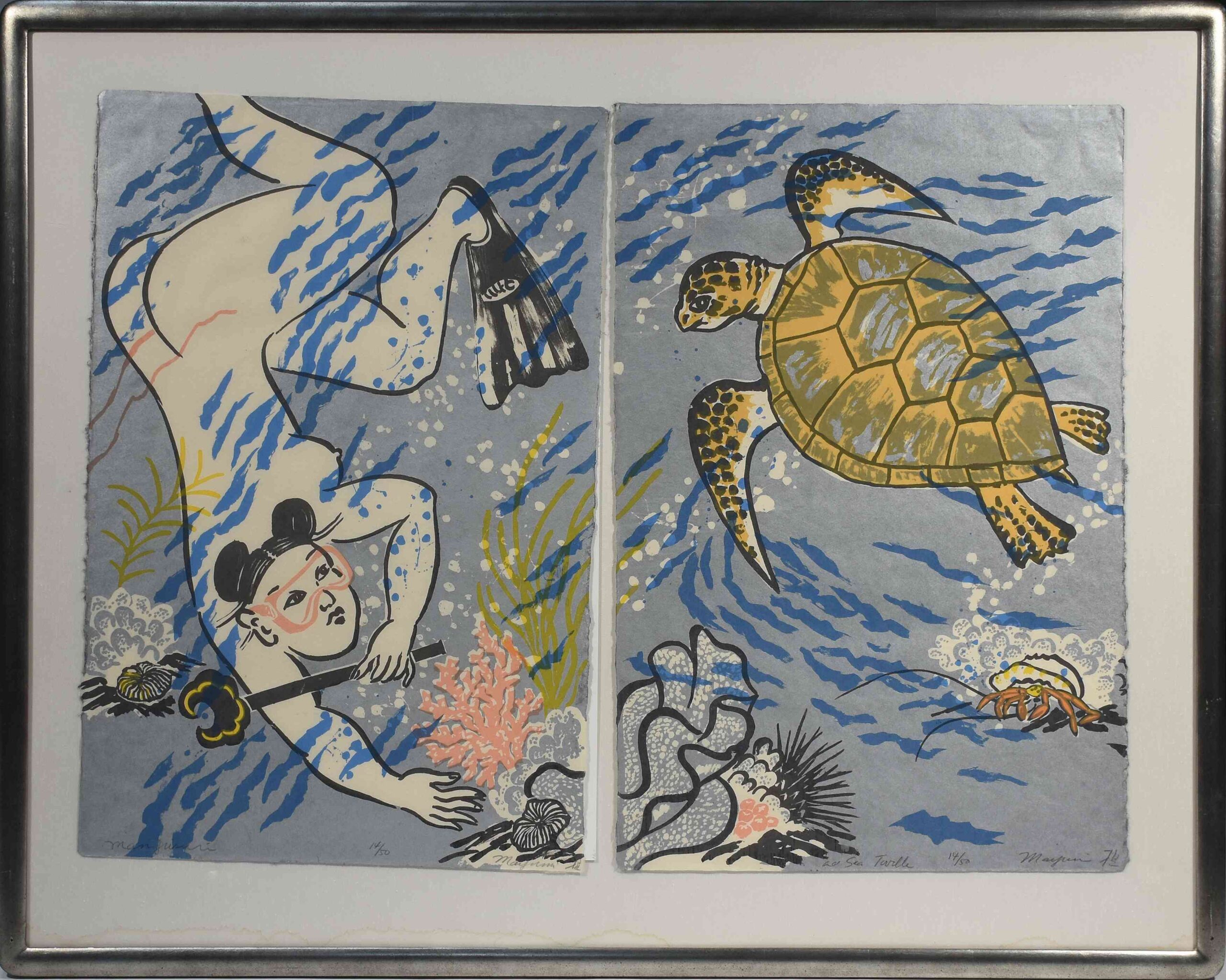 Mayumi Oda (Japanese) woodblock diptych, “Sea Turtle”