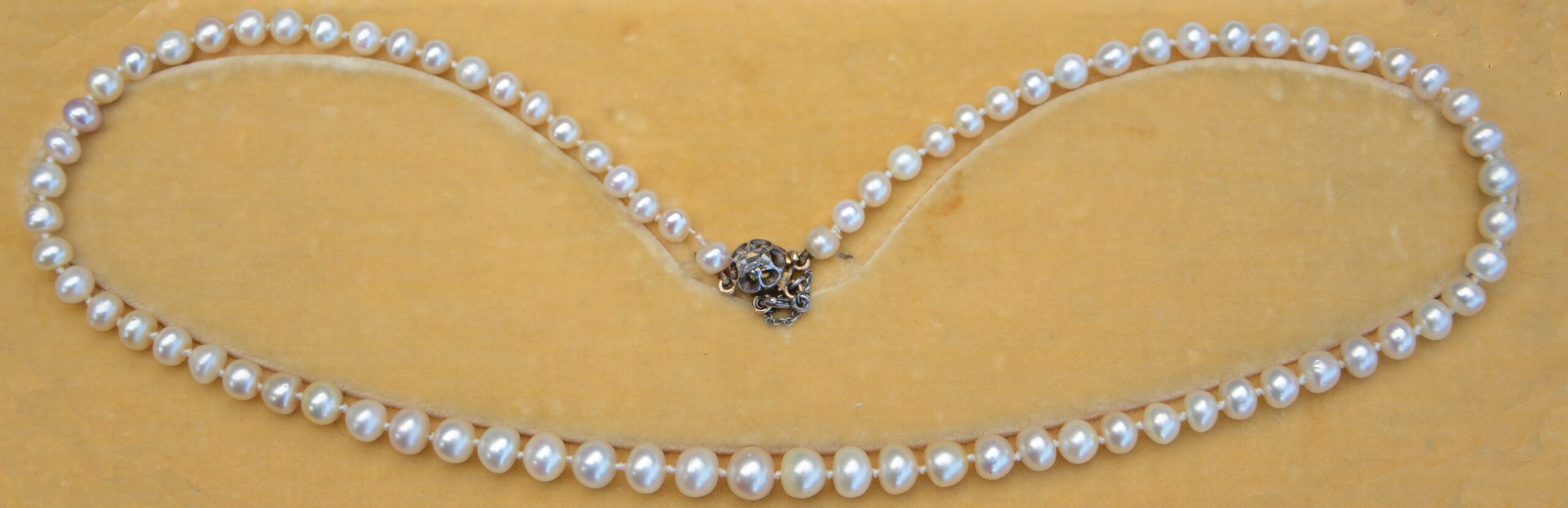 Natural pearls with a silver topped gold clasp containing a rose cut diamond