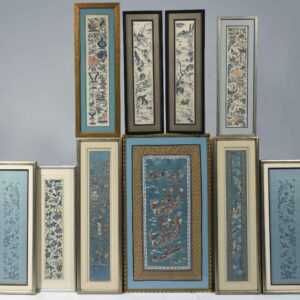 Ten Chinese framed silk needlework panels