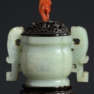 Finely carved jade two handled censer urn on wood stand