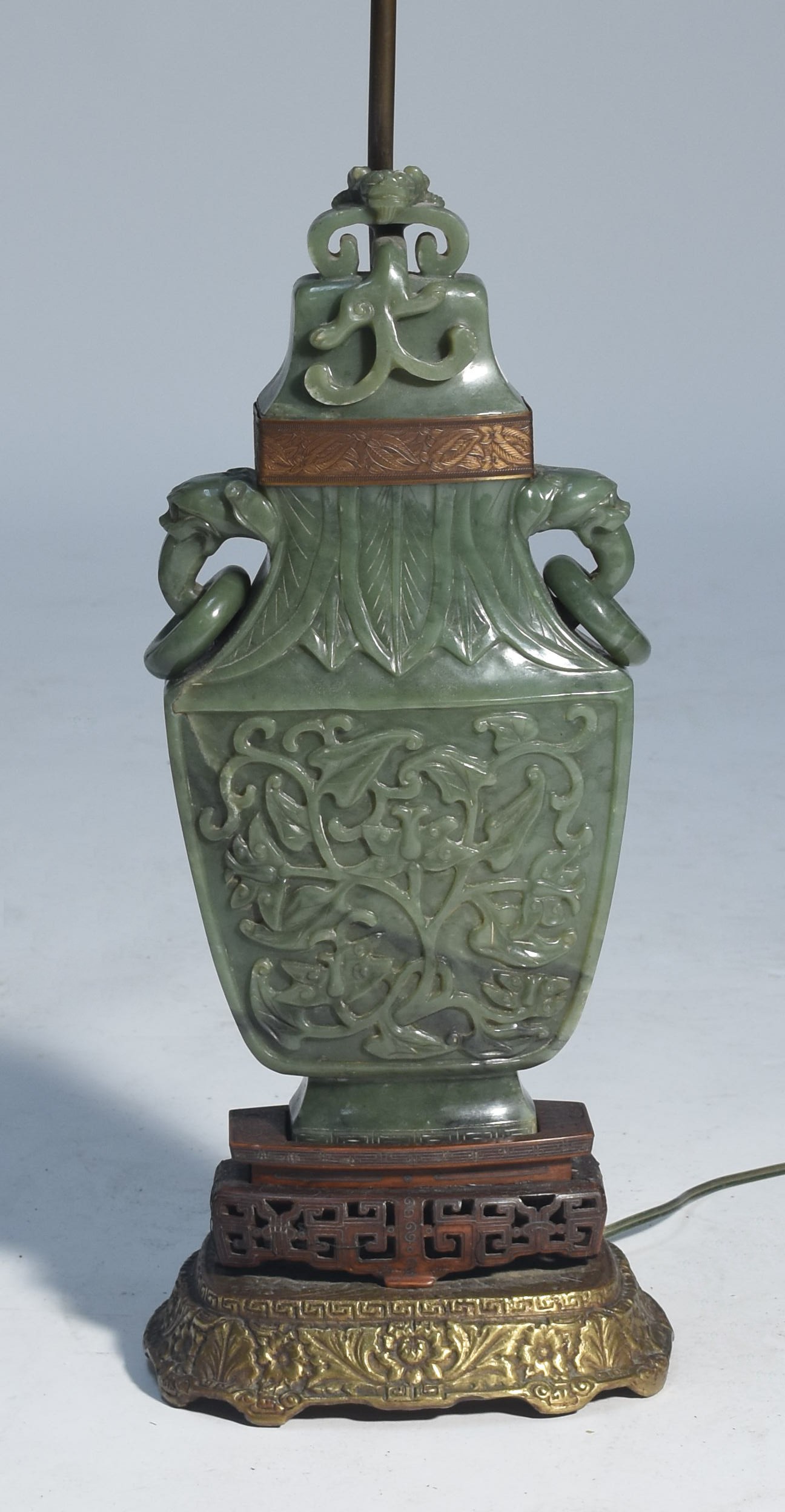 Large Chinese jade urn converted to lamp with carved handles