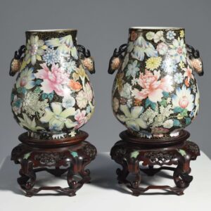 Pair Chinese Famille Noire floral decorated Hu vases
